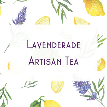 💜🍋 Lavenderade – Tart, Chill, and Drama-Free artisan tea on white, with watercolor lavender sprigs, lemon slices, and green leaves—a vibrant display for this caffeine-free citrus herbal blend.